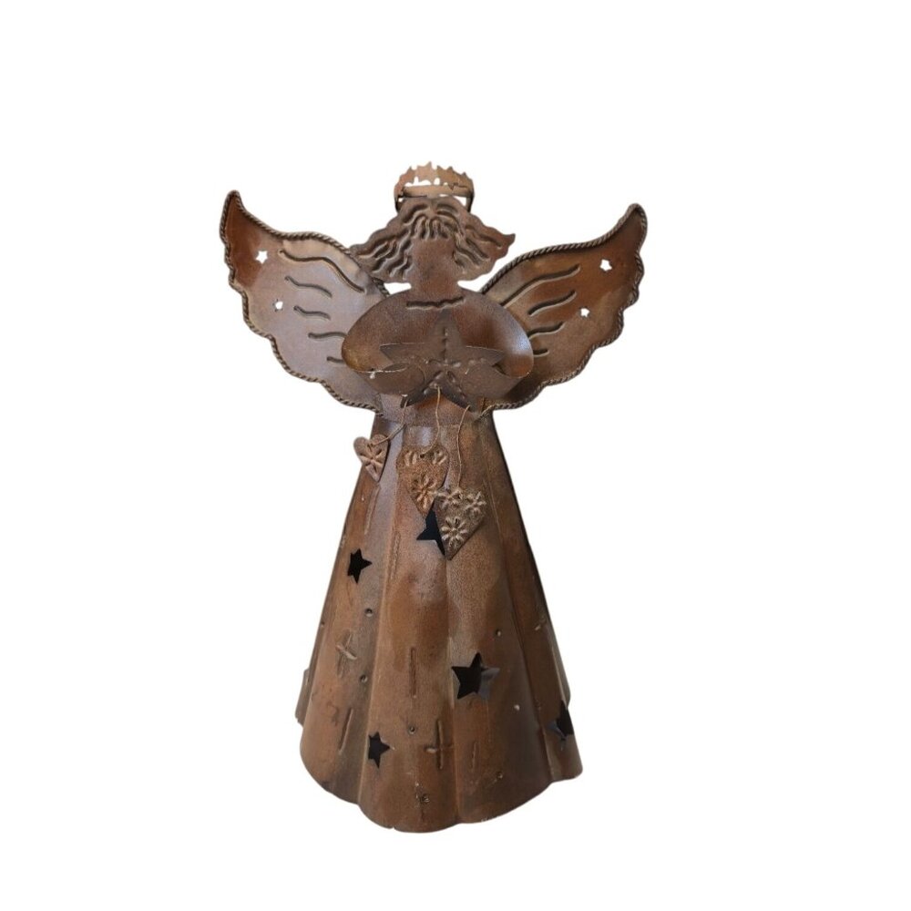 Vintage punched tin Angel Tea Light Candle Holder Primitive Christmas decor 10"